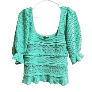 BiBi Square Neckline Puff Sleeves Crochet Top Large Mint